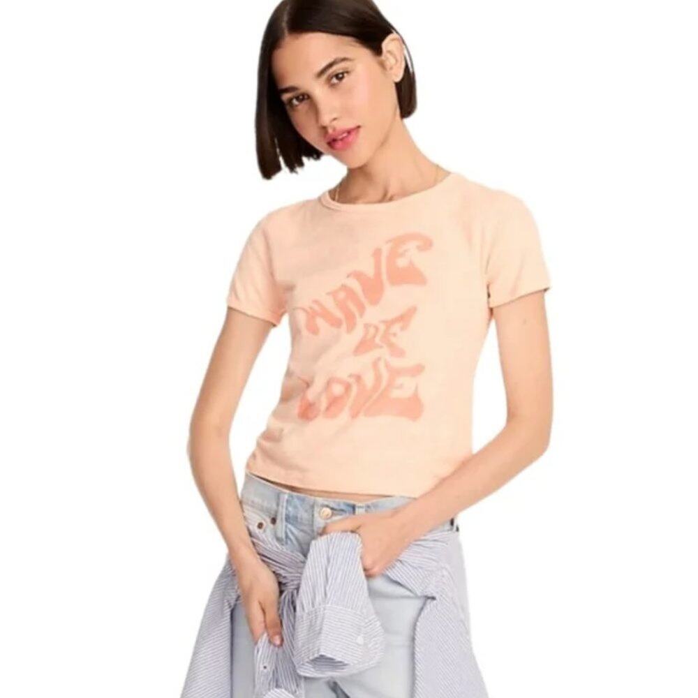 J. Crew NWT Cropped "Wave of love" Cotton Crew Neck Tee Iced Peach Size S